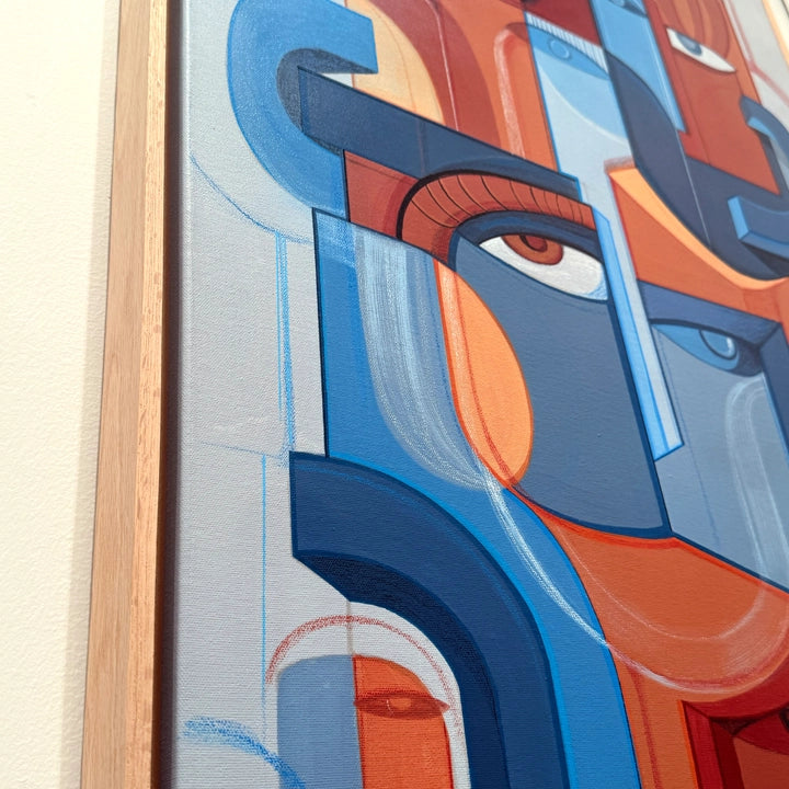 Abstract original art titled "Fragmented Unity" by SoulCurryArt, featuring vibrant, geometric shapes with a dynamic, colorful composition.