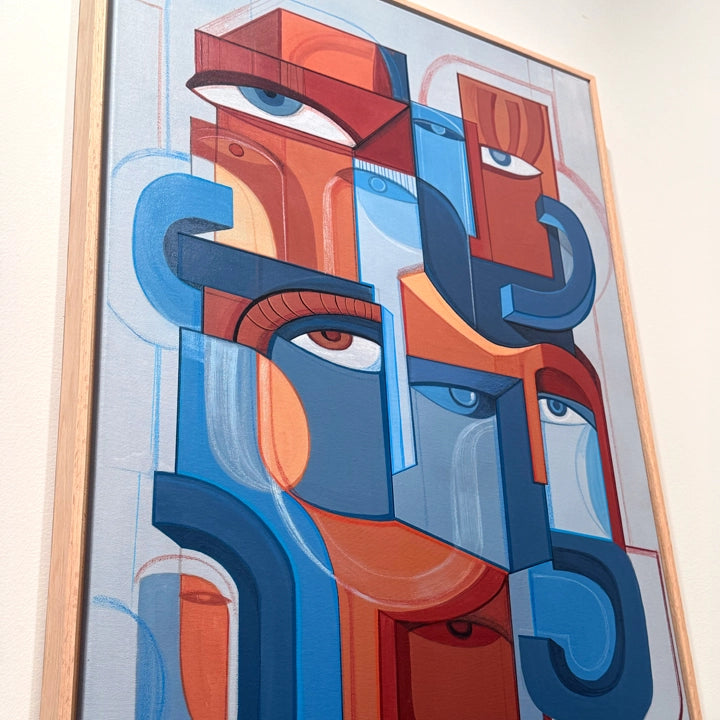 Abstract original art piece titled "Fragmented Unity" by SoulCurryArt, featuring vibrant, overlapping geometric shapes on a neutral background.