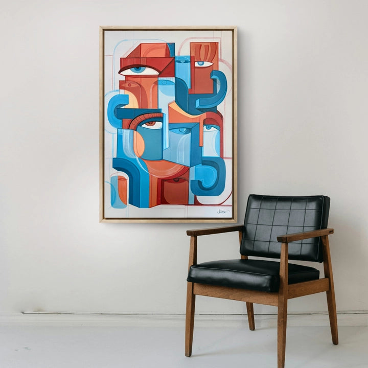 Abstract original art piece titled Fragmented Unity by SoulCurryArt, featuring vibrant, geometric shapes and bold color contrasts.