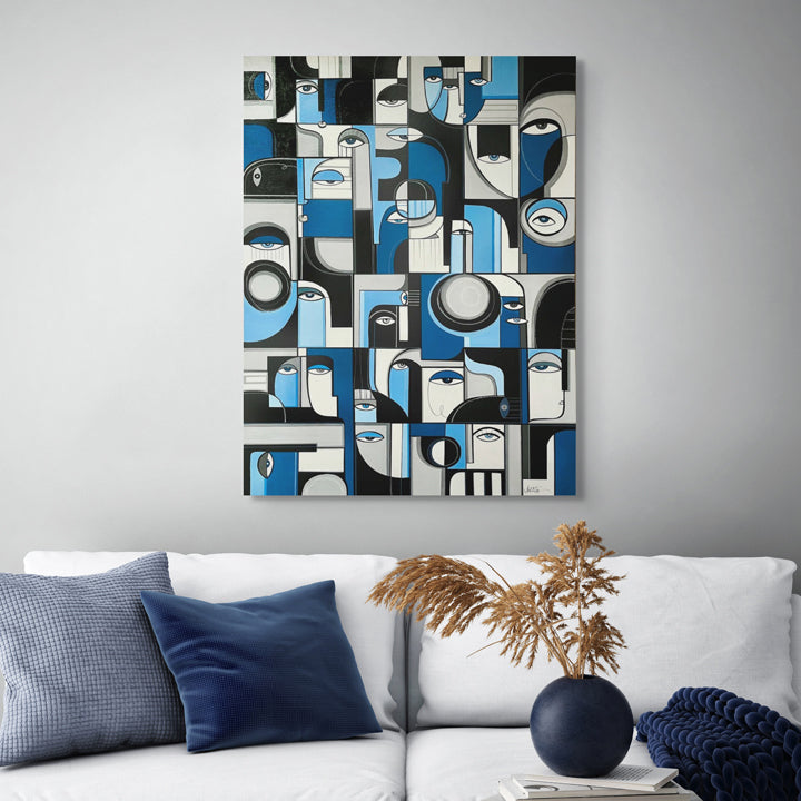 Framed original art titled Ultramarine by soulcurryart, 24x36 inches, featuring vibrant shades of blue and artistic brushstrokes.