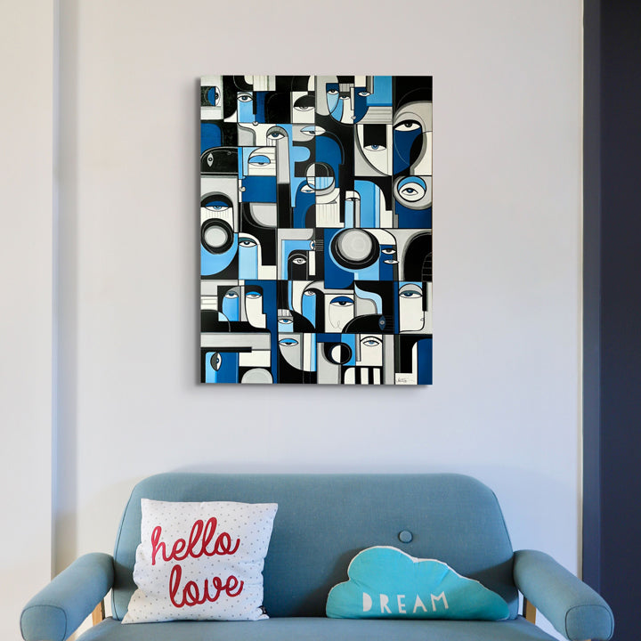 Framed Ultramarine original art by soulcurryart, 24x36 inches, vibrant blue abstract painting on canvas.