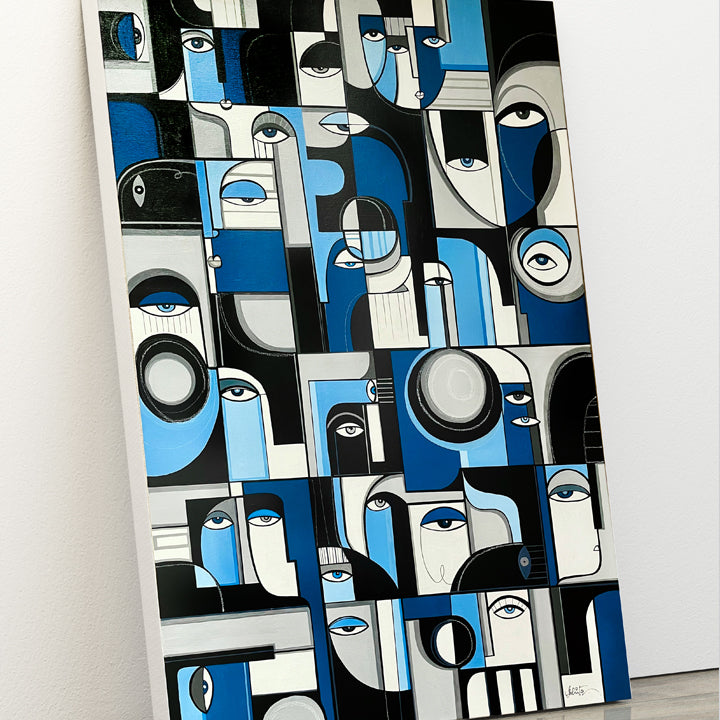 Framed Ultramarine original art by soulcurryart, 24x36 inches, vibrant blue abstract painting on canvas.