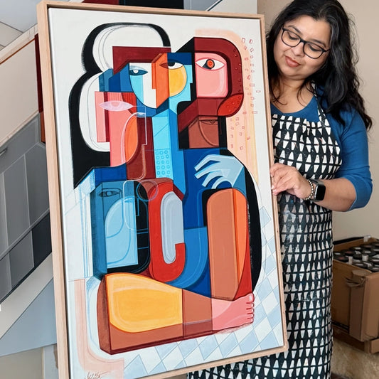 Original art titled Gathered Forms by SoulCurryArt, 24x36 inches, featuring abstract shapes and textured patterns in vibrant colors.