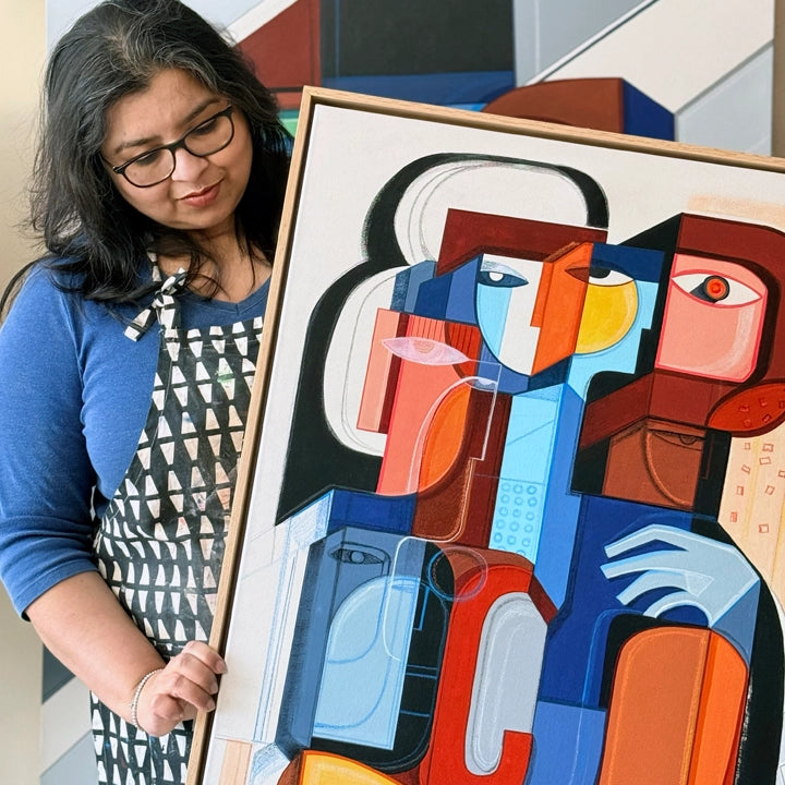 Original art titled Gathered Forms by SoulCurryArt, showcasing abstract shapes and flowing colors on a 24x36-inch canvas.
