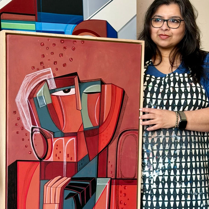 Original art piece titled Rooted Embrace by SoulCurryArt, featuring a vibrant, abstract depiction of intertwined figures in earthy tones.