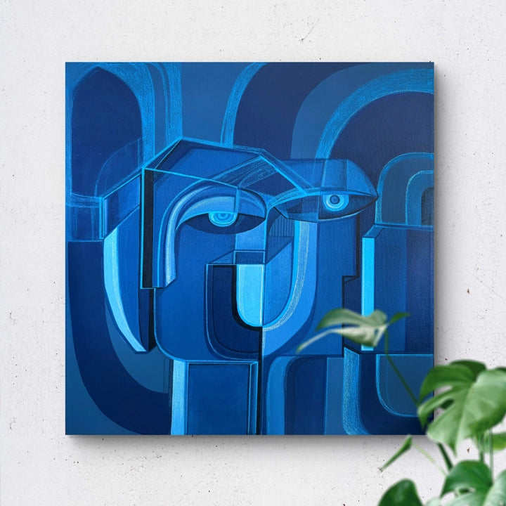 Original art titled Cobalt Union by SoulCurryArt, a 30x30 inch abstract piece featuring rich cobalt blue tones and textured brushstrokes.