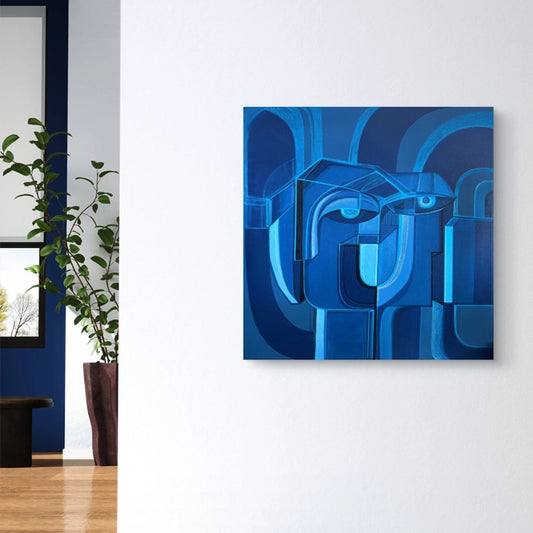 Original SoulCurryArt Cobalt Union abstract art piece, 30x30 inches, featuring vibrant cobalt blue and intricate brushwork.