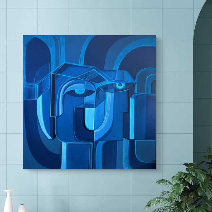 Original art piece titled Cobalt Union by SoulCurryArt, featuring abstract cobalt blue hues on a 30x30 inch canvas.