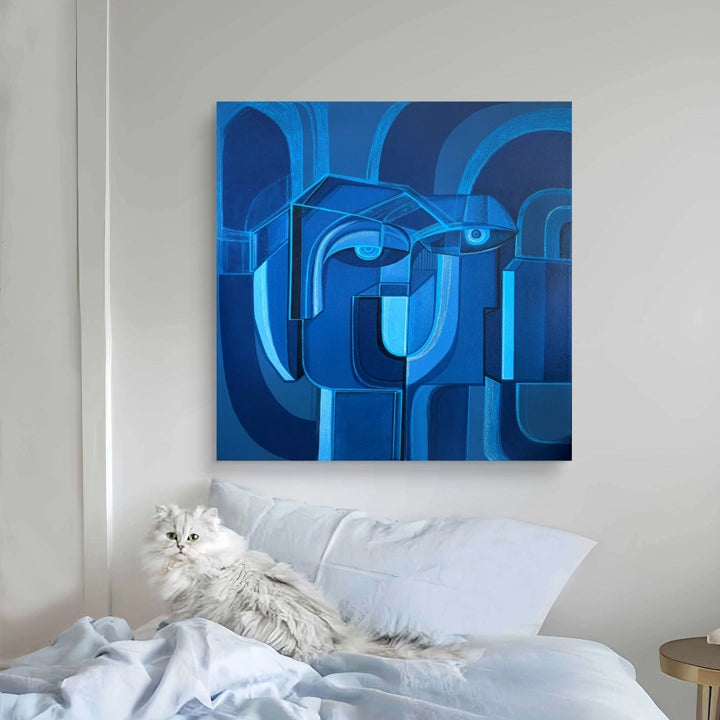 Original art piece titled Cobalt Union by SoulCurryArt featuring abstract cobalt blue and white brushstrokes on a 30x30 canvas.