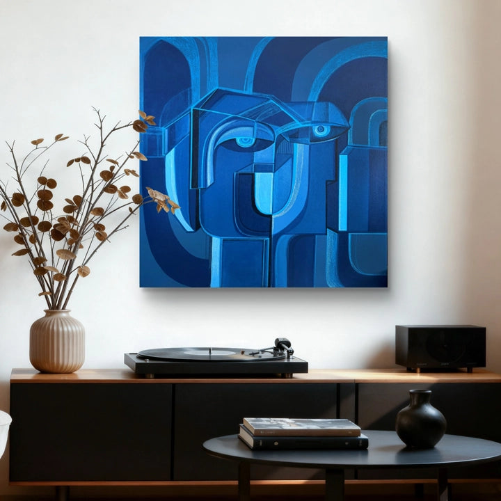 Original art piece titled Cobalt Union by SoulCurryArt, featuring abstract cobalt blue tones on a 30x30 canvas.