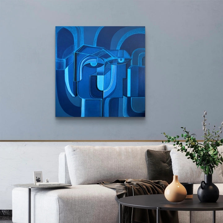 Original art piece titled Cobalt Union by SoulCurryArt, featuring abstract cobalt blue and white brushstrokes in a 30x30 inch canvas.