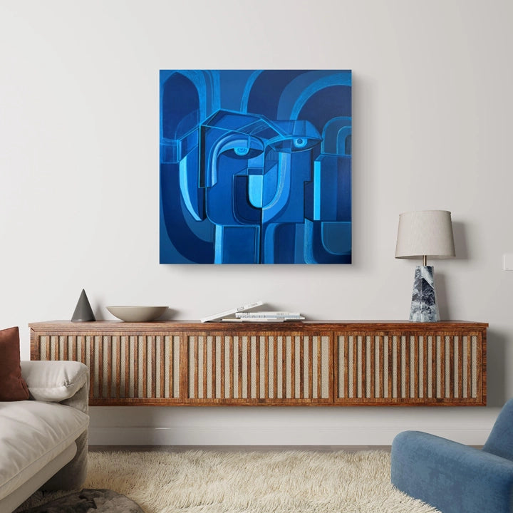 Original 30x30-inch Cobalt Union art by SoulCurryArt featuring abstract cobalt blue and white brushstroke design.
