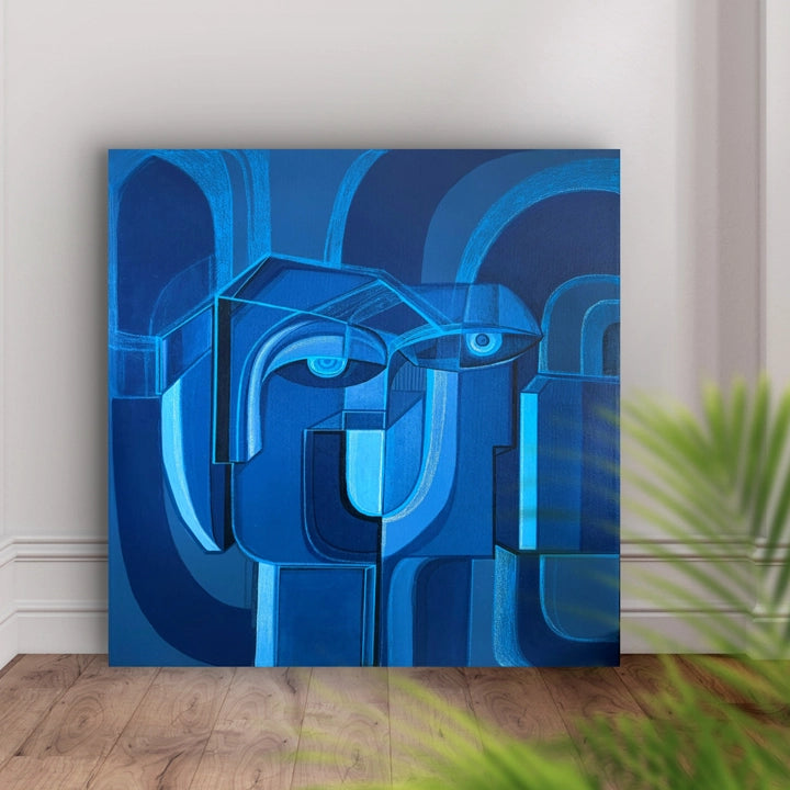 Original art piece titled Cobalt Union by SoulCurryArt, featuring abstract blue and cobalt tones in a 30x30 inch canvas.