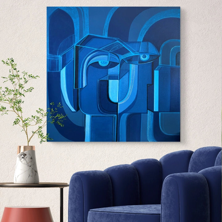 Original art piece titled Cobalt Union by SoulCurryArt, featuring abstract cobalt blue and white brushstrokes on a 30x30 canvas.