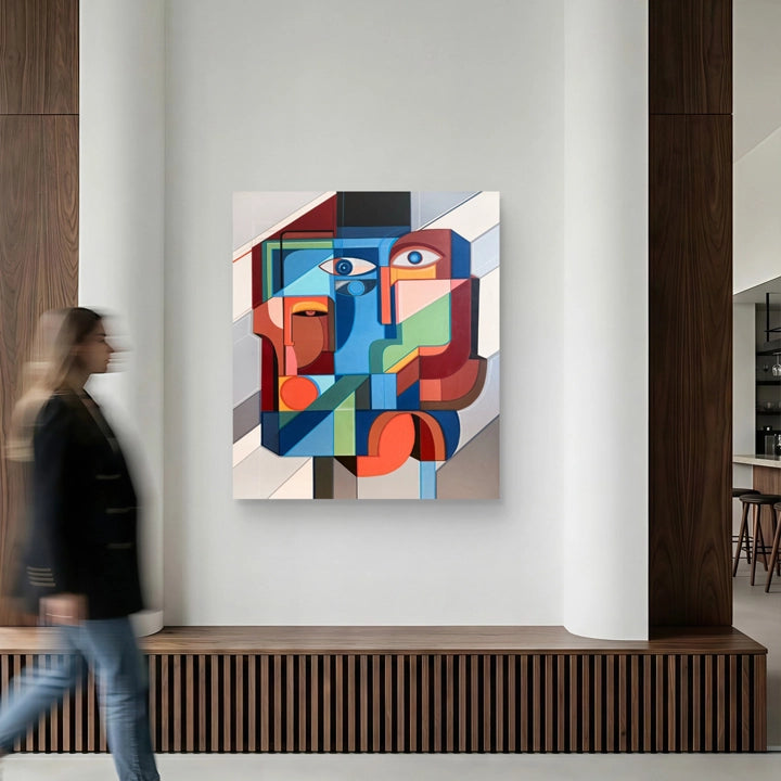 Original human framework artwork by SoulCurryArt showing abstract human figures in muted tones, 40x48 inches.