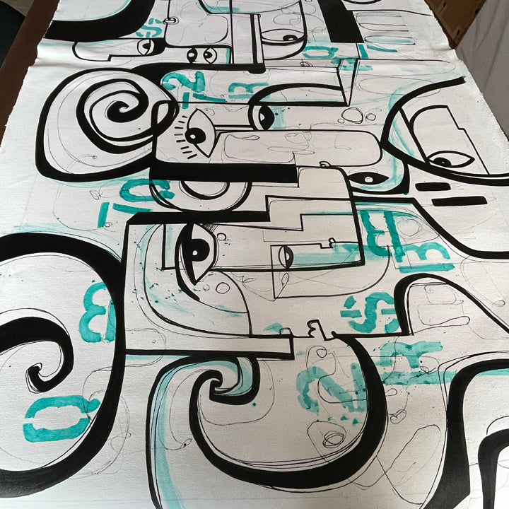Original art piece titled "Numerical Existence" by soulcurryart, featuring abstract design on a 58x24 inch canvas.