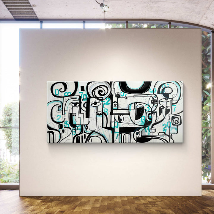 Original art titled "Numerical Existence" by soulcurryart, featuring abstract colorful shapes on canvas, 58 x 24 inches.