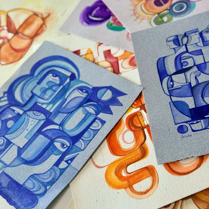 Monochrome ink and watercolor original paintings on paper by SoulCurryArt, showcasing abstract art with textured strokes.
