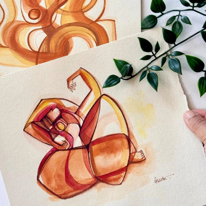 Original monochrome ink and watercolor painting on paper by SoulCurryArt, showcasing abstract artistic design.