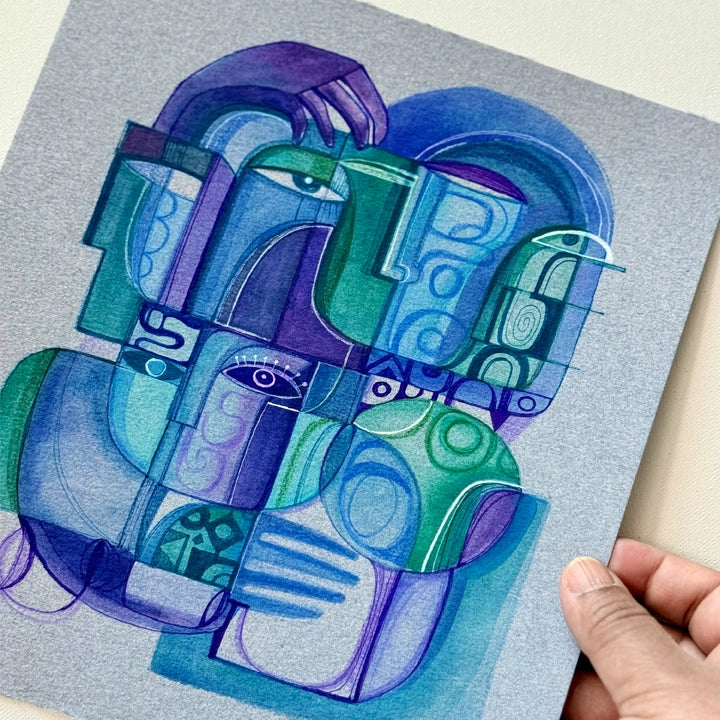 Original monochrome ink and watercolor painting on paper by SoulCurryArt, showcasing abstract artistic design.