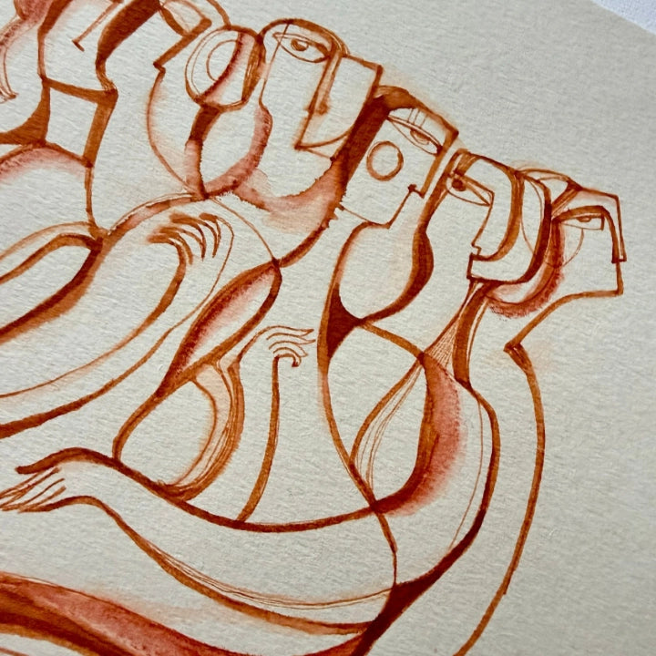 Original monochrome ink and watercolor painting on paper by SoulCurryArt, featuring a sunstone design in shades of black and gray.