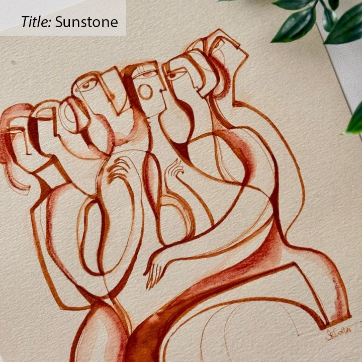 Original monochrome ink and watercolor painting on paper by SoulCurryArt, featuring a sunstone design.