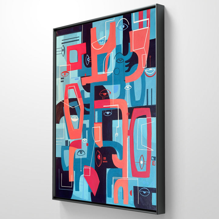 Deconstructed original art by SoulCurryArt featuring abstract, layered shapes and vibrant colors on canvas.