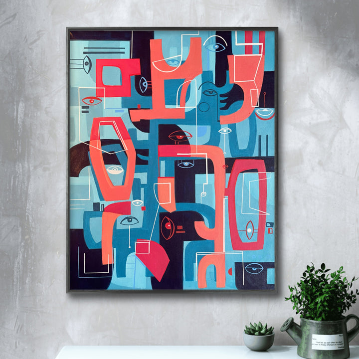 Deconstructed original art piece by SoulCurryArt featuring abstract shapes and vibrant colors on a canvas.