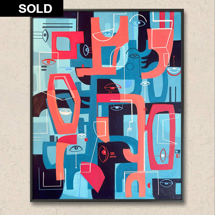 Original art piece titled "Deconstructed" by SoulCurryArt, featuring abstract, layered textures and vibrant colors.