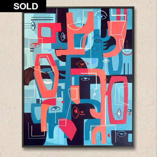 Original art piece titled "Deconstructed" by SoulCurryArt, featuring abstract, layered textures and vibrant colors.