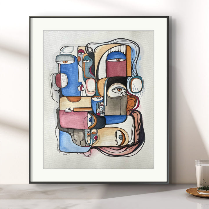Original art by SoulCurryArt titled "Derive," featuring vibrant abstract shapes and bold colors on canvas.