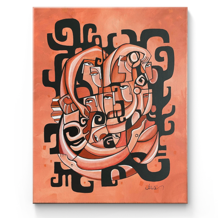 Original art piece titled "Entanglements" by SoulCurryArt, featuring abstract colorful lines intertwined on a white background.