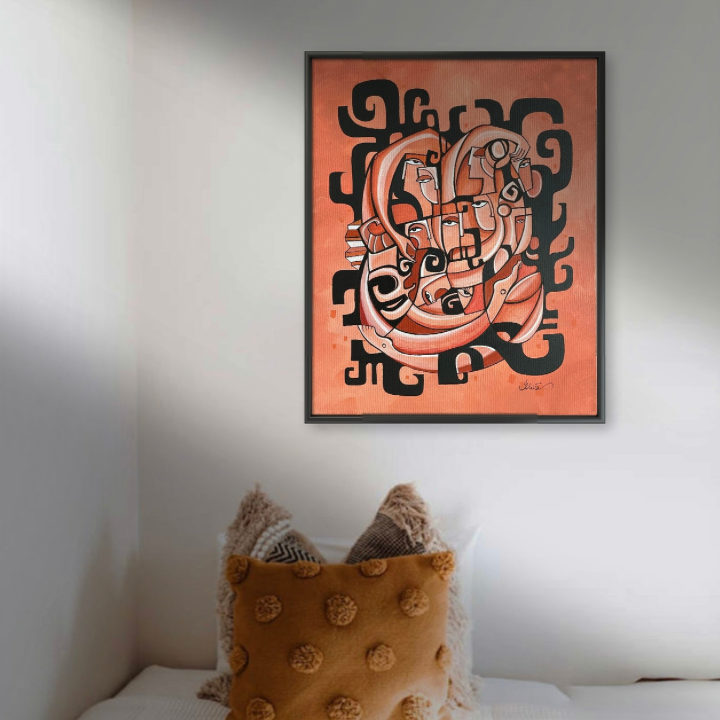 Original art titled "Entanglements" by SoulCurryArt, featuring abstract, intertwined shapes in vibrant colors.