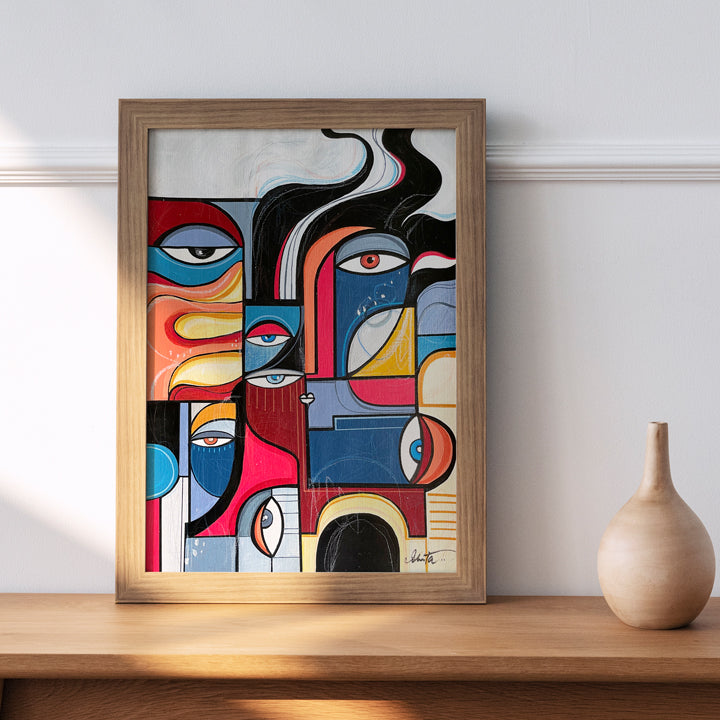 Original art piece titled Inferno by SoulCurryArt, featuring vivid fiery colors and abstract fiery patterns on canvas.