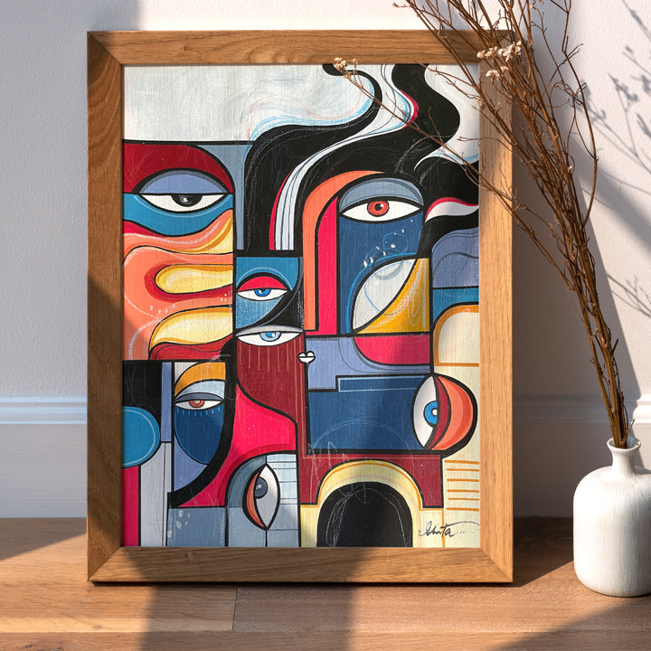 Vivid original art piece titled Inferno by SoulCurryArt showcasing fiery abstract flames and bold colors.