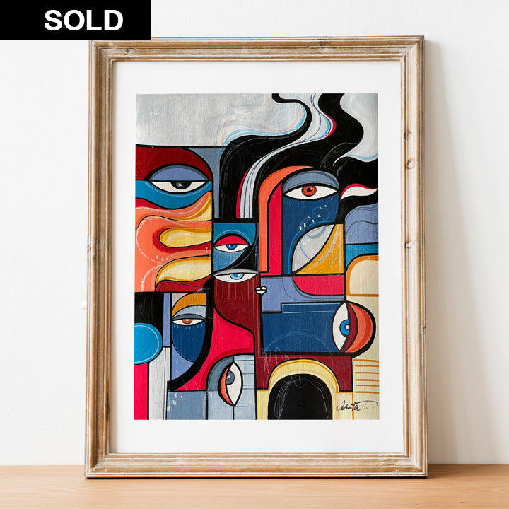 Original art piece titled Inferno by SoulCurryArt, featuring vibrant fiery colors and abstract design on canvas.