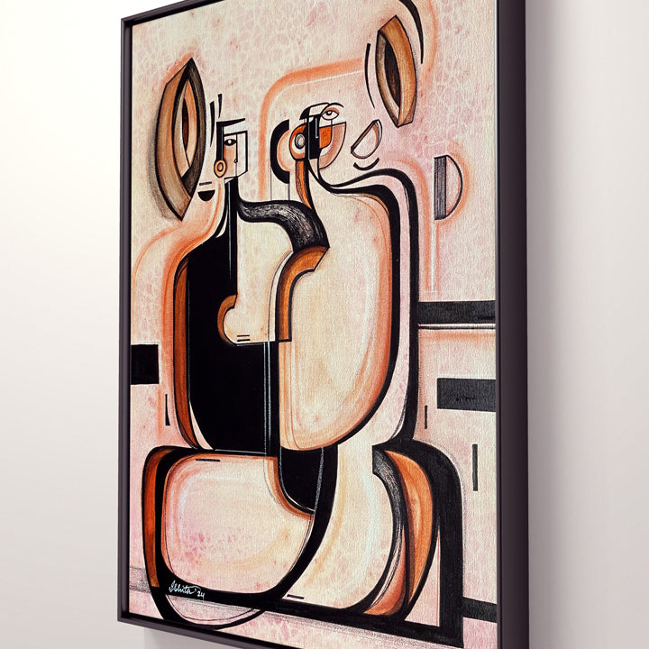 Seated Duo original art by SoulCurryArt featuring two abstract figures sitting closely together on a vibrant background.