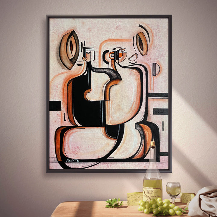 Seated Duo original art by SoulCurryArt featuring two abstract figures sitting closely together in warm tones.