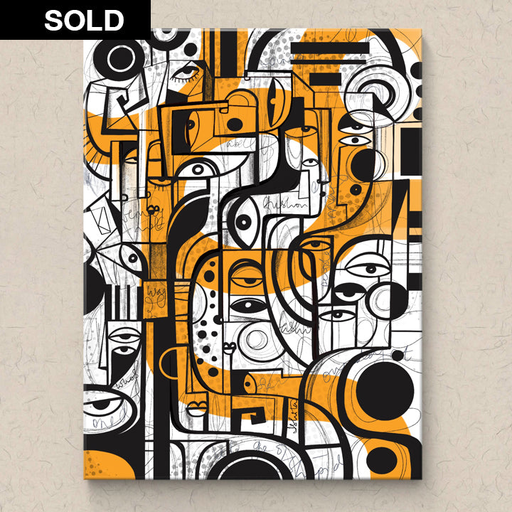 Original art titled "Thinking Aloud" by SoulCurryArt, featuring a vibrant, expressive abstract painting with bold colors and dynamic brushstrokes.