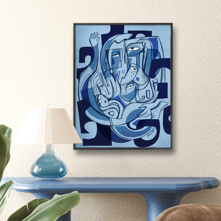 Framed original art titled "Abandon" by SoulCurryArt, showcasing abstract brushstrokes in a 16x20 inch size.