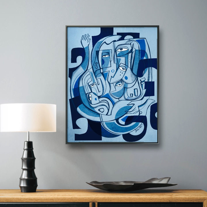 Framed original art titled "Abandon" by SoulCurryArt, showcasing expressive brushstrokes on a 16x20 inch canvas.