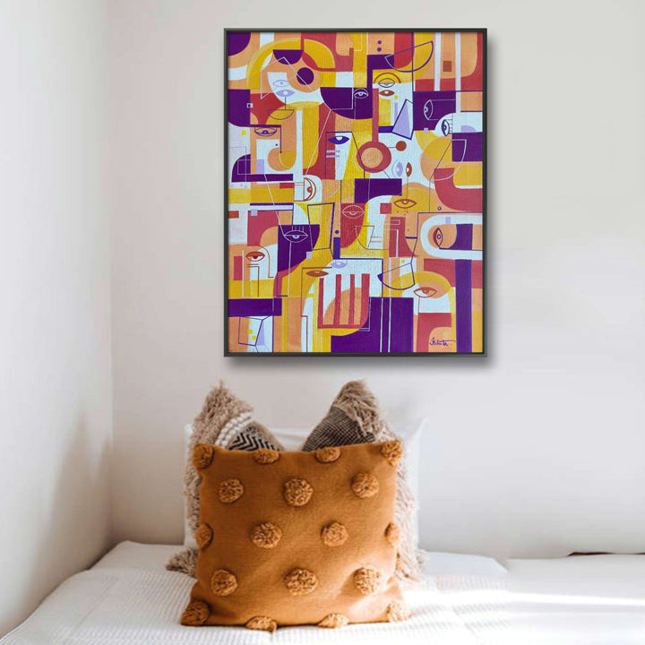 Framed original art print titled "In Tangerine" by SoulCurryArt, vibrant orange and red abstract design on 16x20 inch canvas.