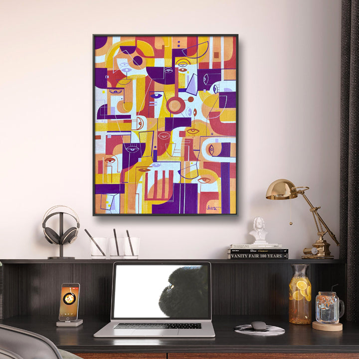 Framed original art titled "In Tangerine" by SoulCurryArt, featuring vibrant orange and red abstract brushstrokes, 16x20 inches.
