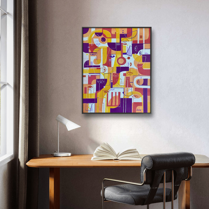 Original framed art titled "In Tangerine" by SoulCurryArt, featuring vibrant orange and red abstract brushstrokes on 16x20-inch canvas.