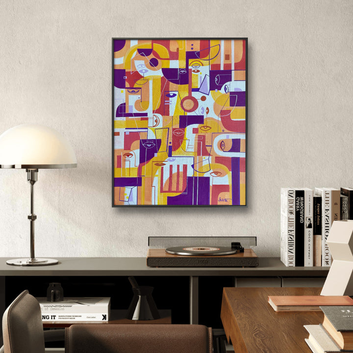Original framed art print titled "In Tangerine" by SoulCurryArt, featuring vibrant orange and red abstract brushstrokes.