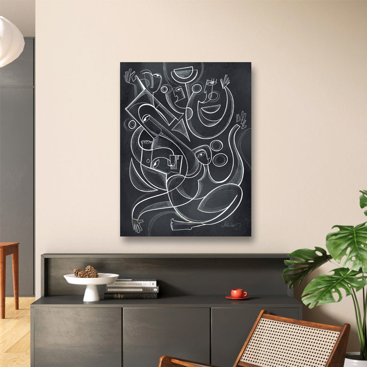 Framed original art titled Shadow Dancers by SoulCurryArt, featuring dynamic shadowy figures in vibrant dance poses.