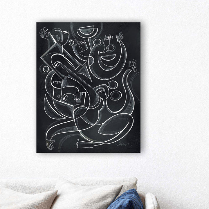 Original framed art print titled Shadow Dancers by SoulCurryArt, featuring two abstract dancers in black and white.