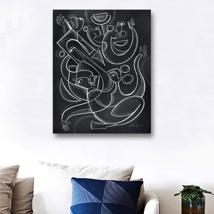 Original framed art titled Shadow Dancers by SoulCurryArt, featuring a dynamic depiction of dancers in motion on a 16x20 canvas.