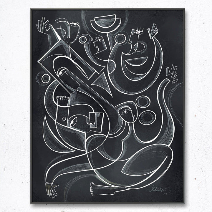 Original art print titled Shadow Dancers by SoulCurryArt, framed 16x20 inches featuring dynamic shadow figures.