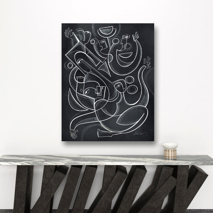 Framed original art titled Shadow Dancers by SoulCurryArt, showcasing abstract shadow figures on a 16x20 inch canvas.